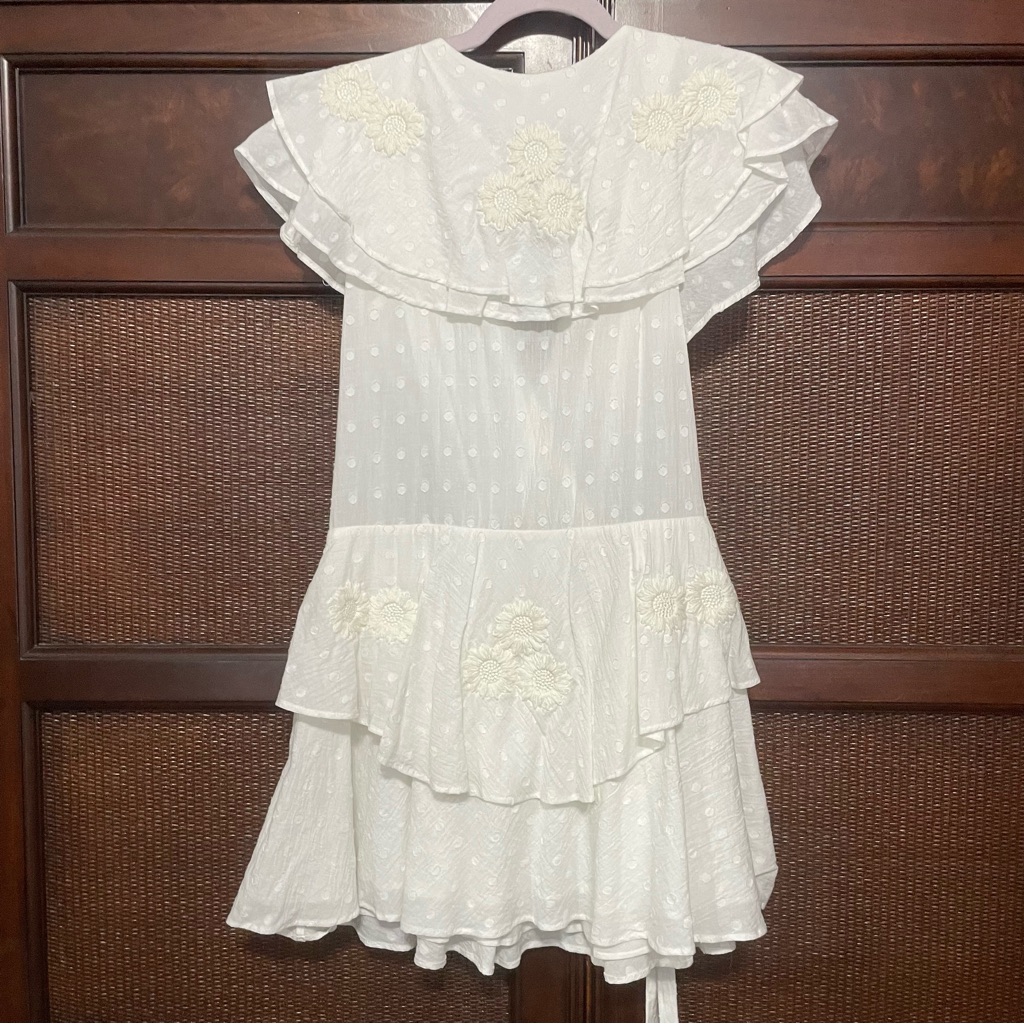 Innika Choo White Sailor Wrap Cotton Embroidered Ruffle Mini Dress Size 2/M — image 3 of 8